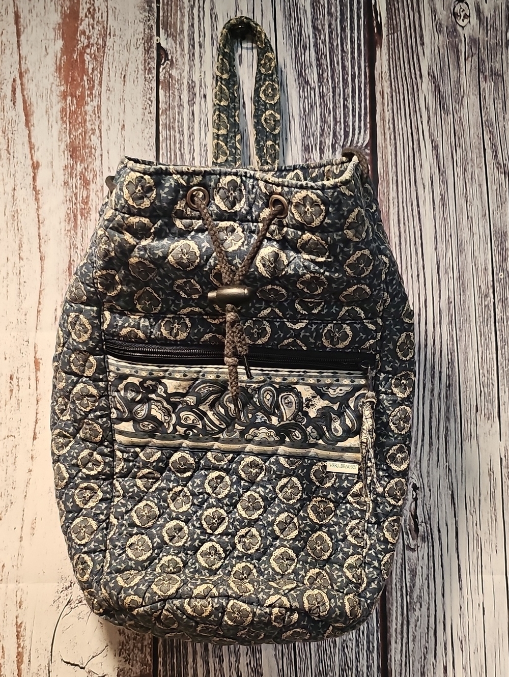 Vera Bradley Quilted Drawstring Backpack in Blue and Cream